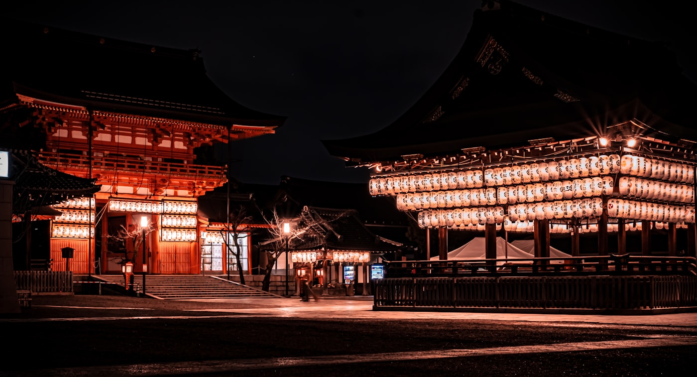 Yasaka Shrine illuminated at night in Gion