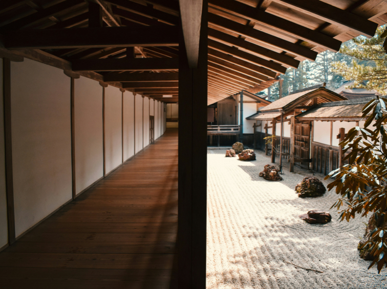 Traditional Japanese Ryokan room with tatami mats and hot spring