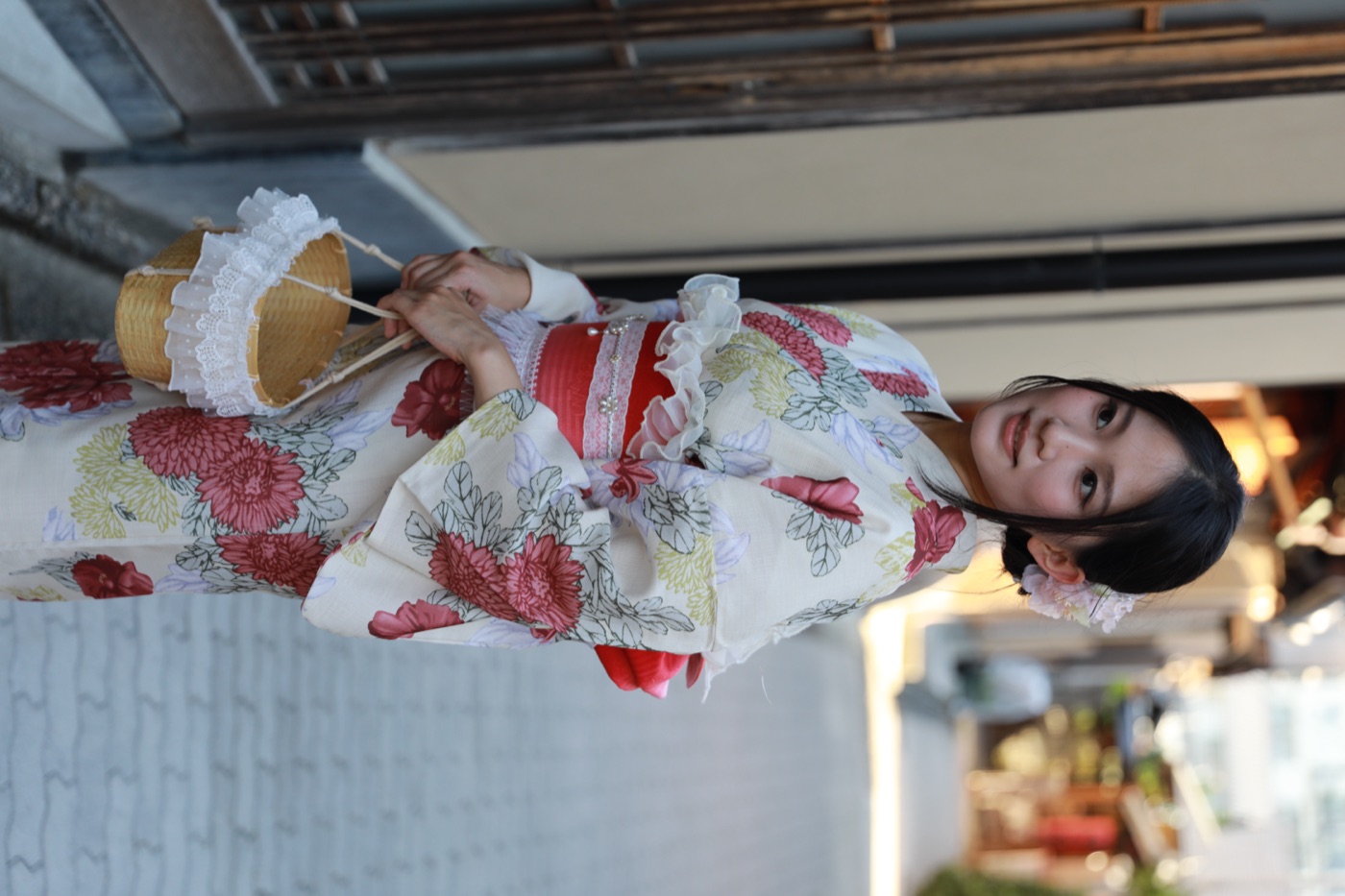 Red yukata cotton kimono, perfect for summer days in Kyoto