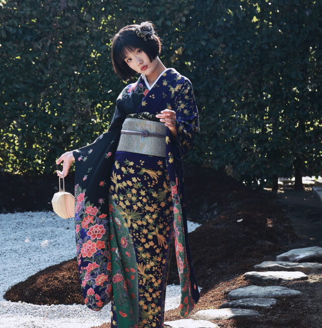 Foreign traveler experiencing an authentic kimono dressing process and walking in historic Kyoto