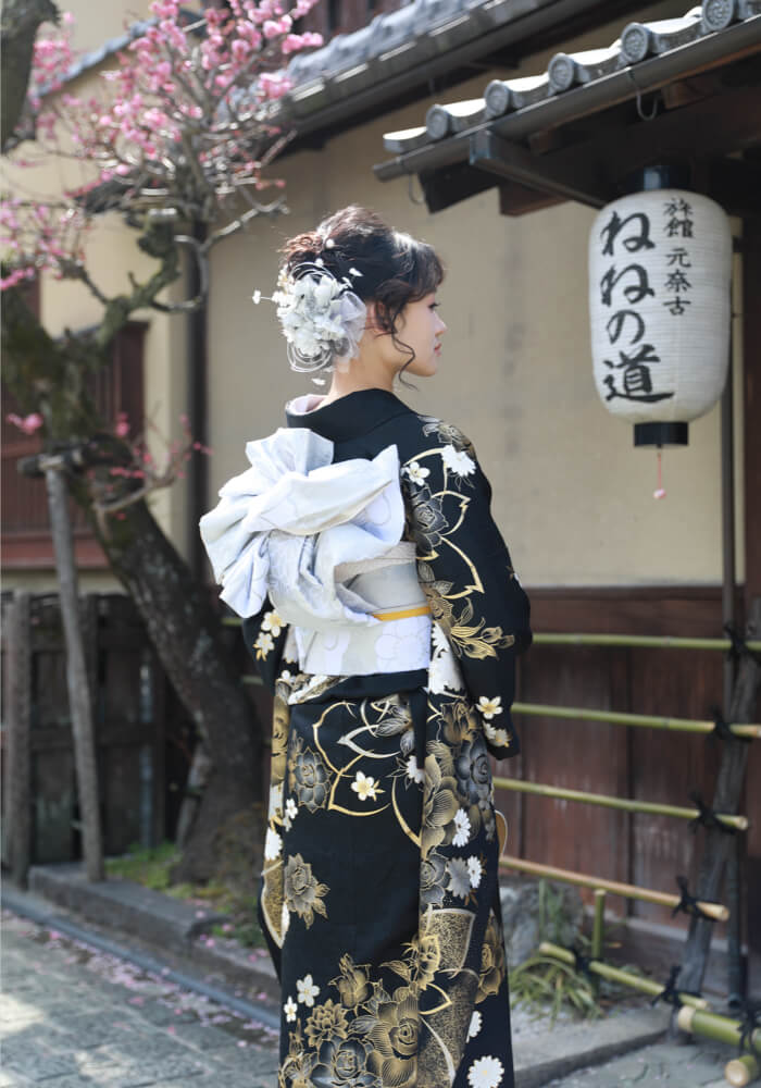 Traveler in beautiful kimono overlooking Kiyomizu-dera temple in autumn