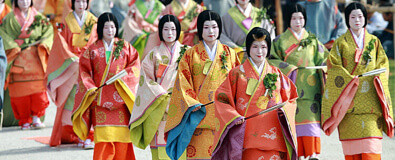 Aoi Matsuri festival procession in Kyoto wearing colorful Heian period costumes